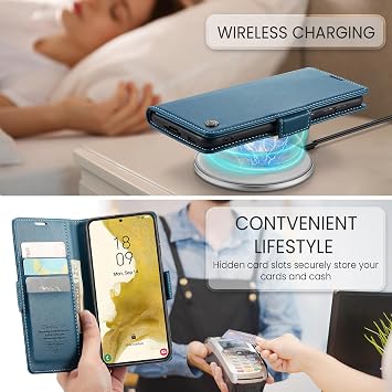 Samsung Galaxy S22 Plus用ウォレットケース カードホルダー付き キックスタンド RFIDブロック マグネット開閉 耐衝撃 保護PUレザーカバー Samsung S22 Plus用 フリップケースウォレット - ブルー