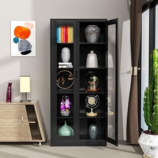 LISSIMO Tall Bookcase Storage Cabinet with Tempered Glass Door,Metal Display Cabinet with 4 Adjustable Shelves,5-Tier Curio Cabinet for Home, Study, Living Room and Office (Black)