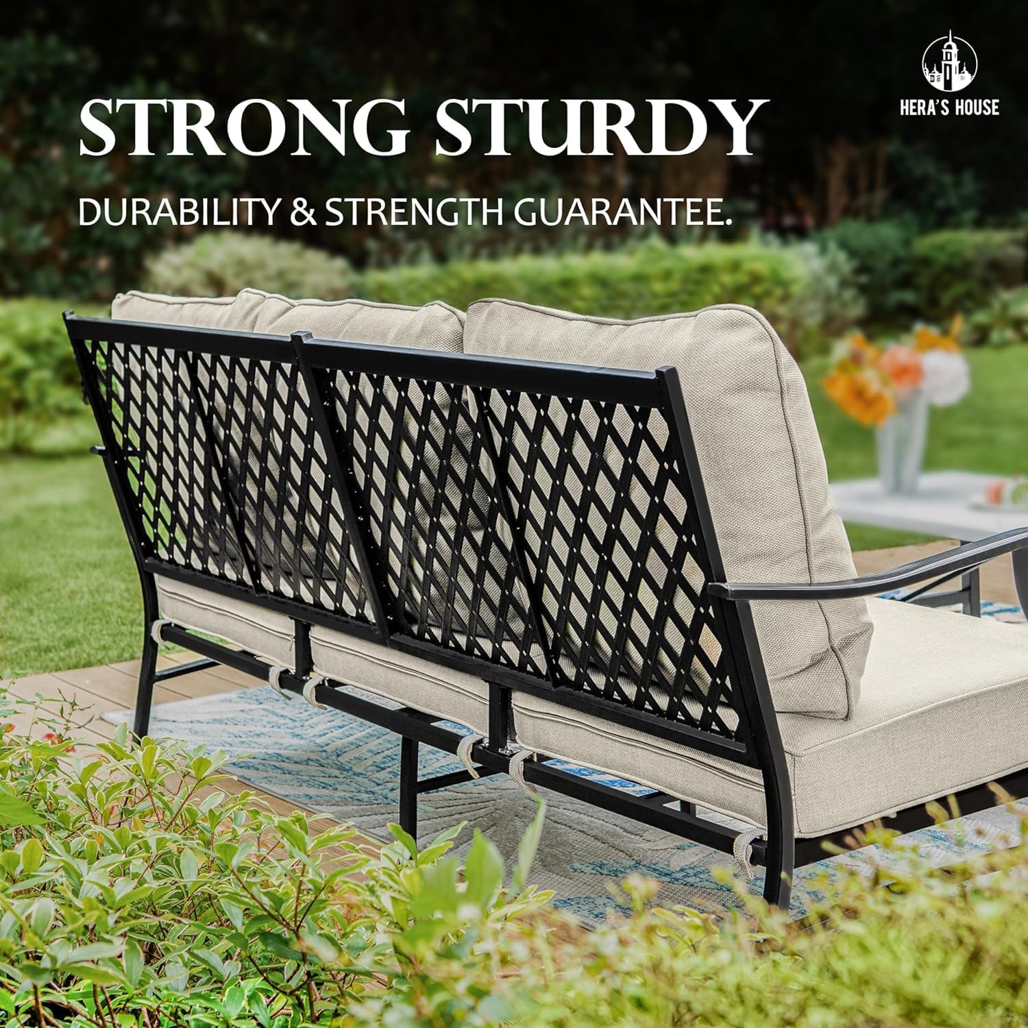 HERA'S HOUSE Patio Furniture Sofa, All-Weather Outdoor 3 Seats Couch, Outdoor Patio Couch with Deep Seating and Olefin Cushions for Lawn Garden Backyard Balcony