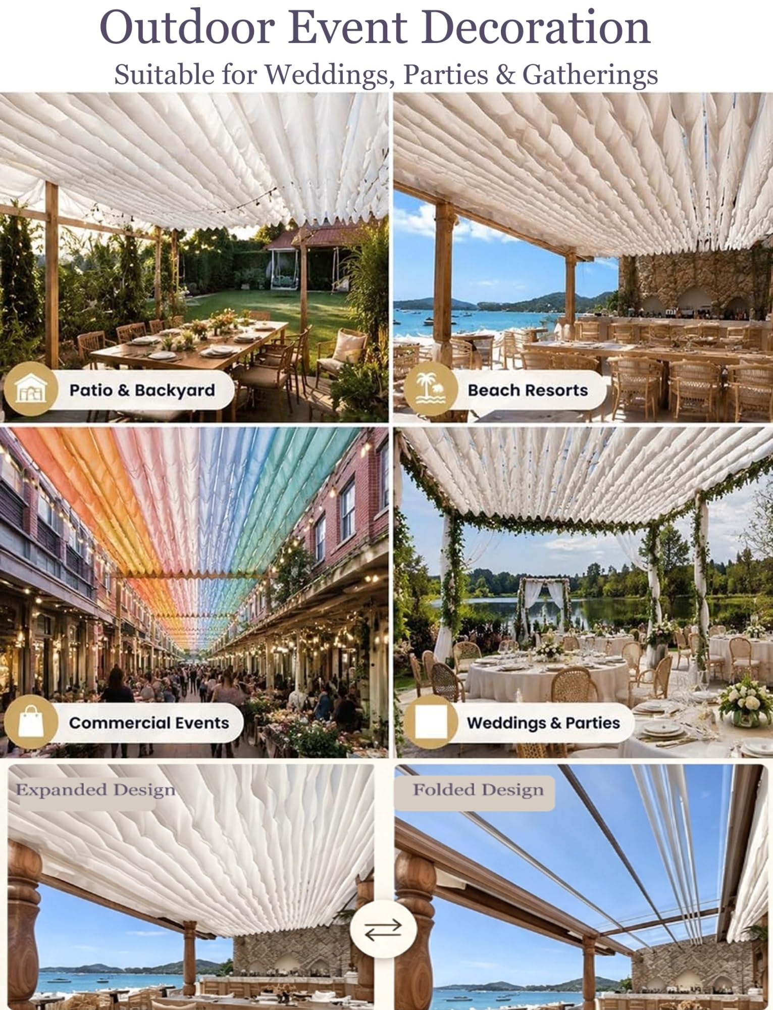 10er Set Pergola Segel, Wellenförmig, mit Stahlseil, for Hochzeit | Dekostoff mit Stahlseil for Hochzeiten, Gartenpartys und Veranstaltungen(45x400cm/17.7x157.5in)