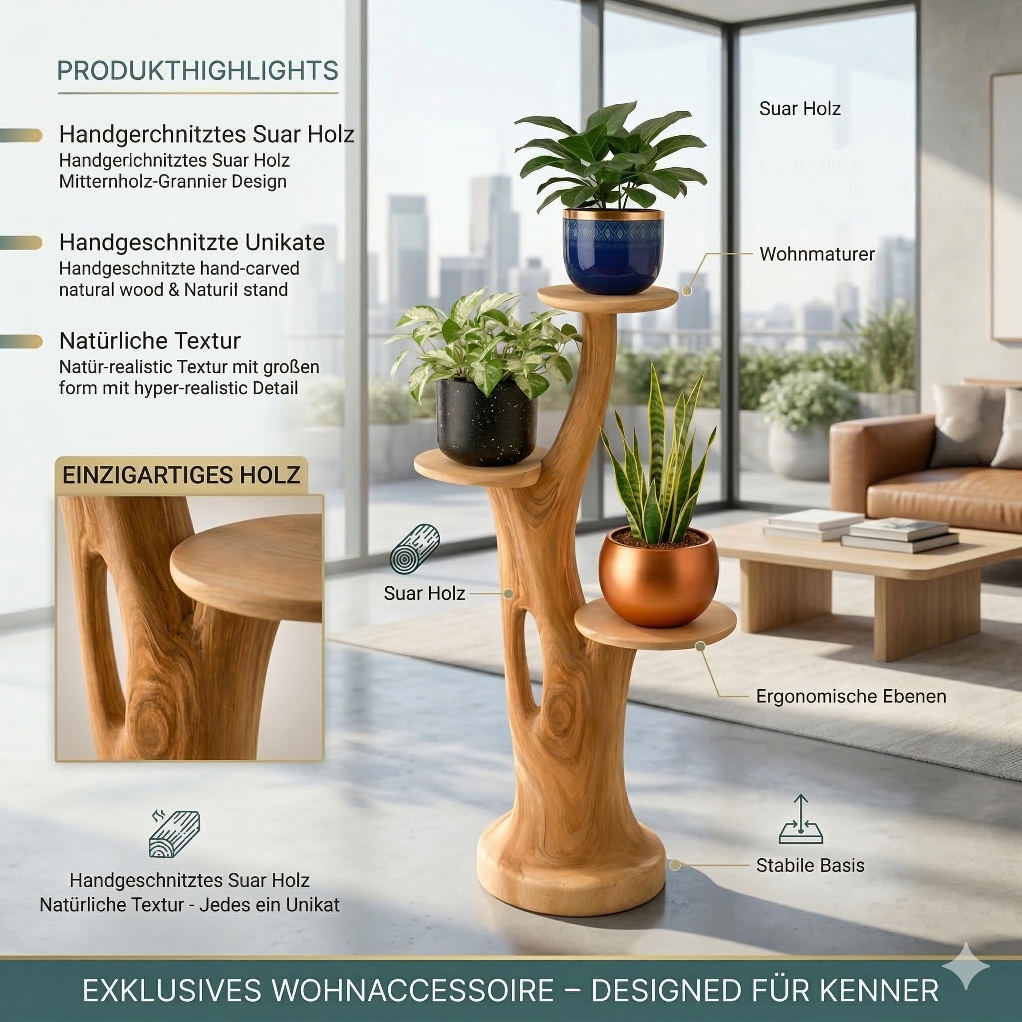 Blumenständer Blumentreppe Blumenpodest Blumenhocker Pflanzen Blumen Treppe Holz Massivholz Suar mit 3 Ablagen Höhe 95cm Pflanzenetagere Pflanzenständer