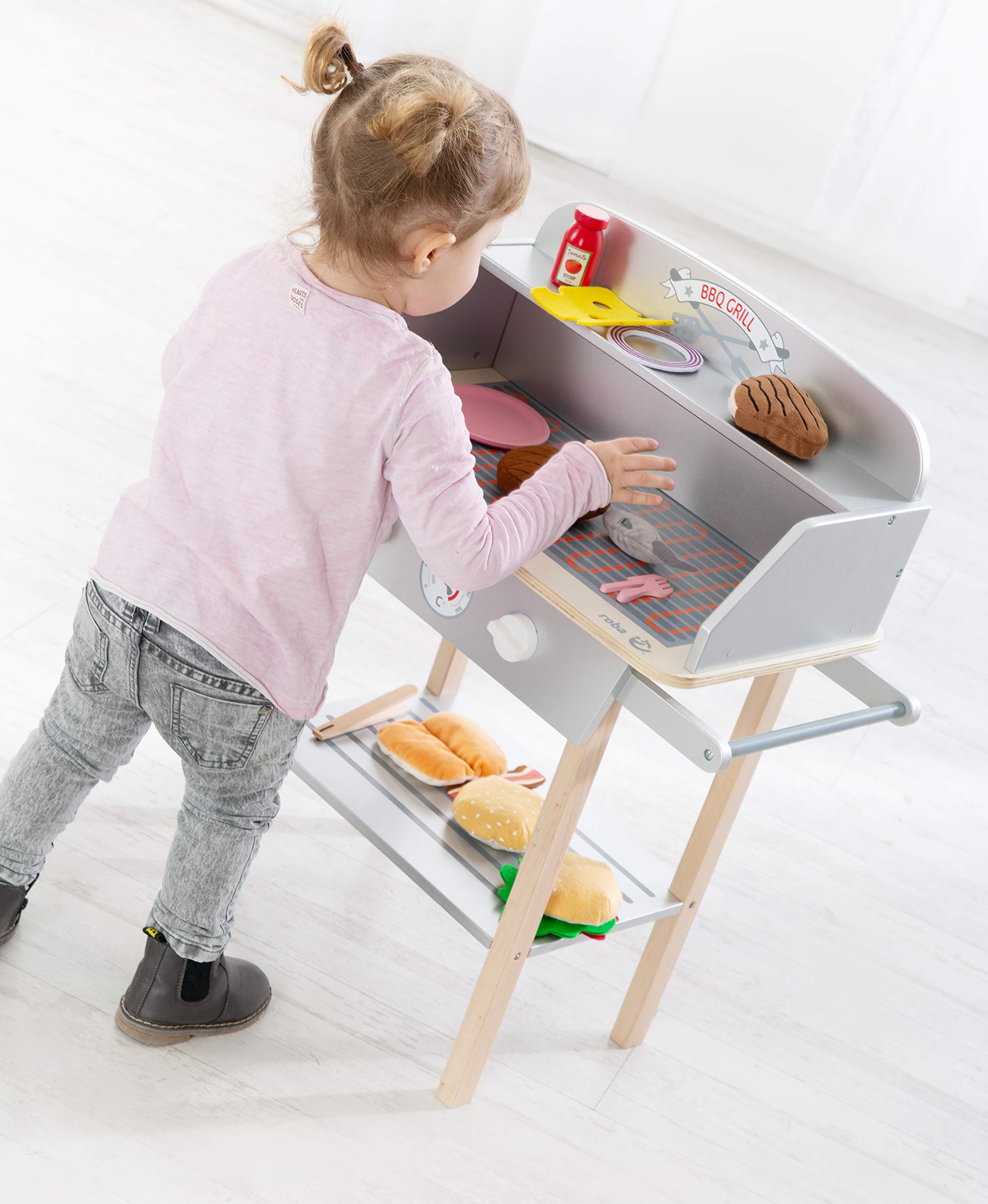roba Jouet Barbecue en Bois pour Enfant - Cuisine Extérieure + 14 Pièces d'Accessoires et Ingrédients Burger en Peluche