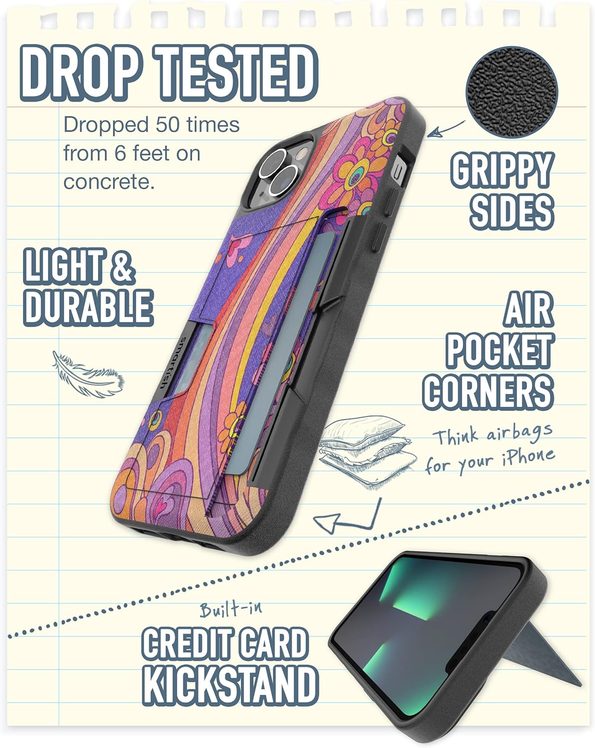 Smartish® iPhone 14 Pro Wallet Case - Wallet Slayer Vol. 2 [Slim + Protective] Credit Card Holder w/Kickstand - Drop Tested Hidden Card Slot Compatible w/Apple iPhone 14 Pro - Groovy, Baby