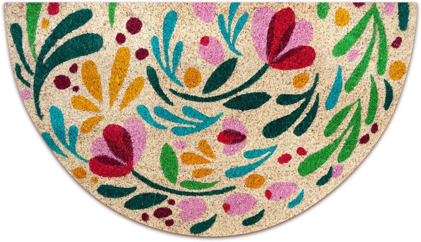 Coir Door mats Outdoor - Flora - Welcome mats for Front Door - Half Circle Coir Doormat Outdoor Entrance - 16''x27.5''