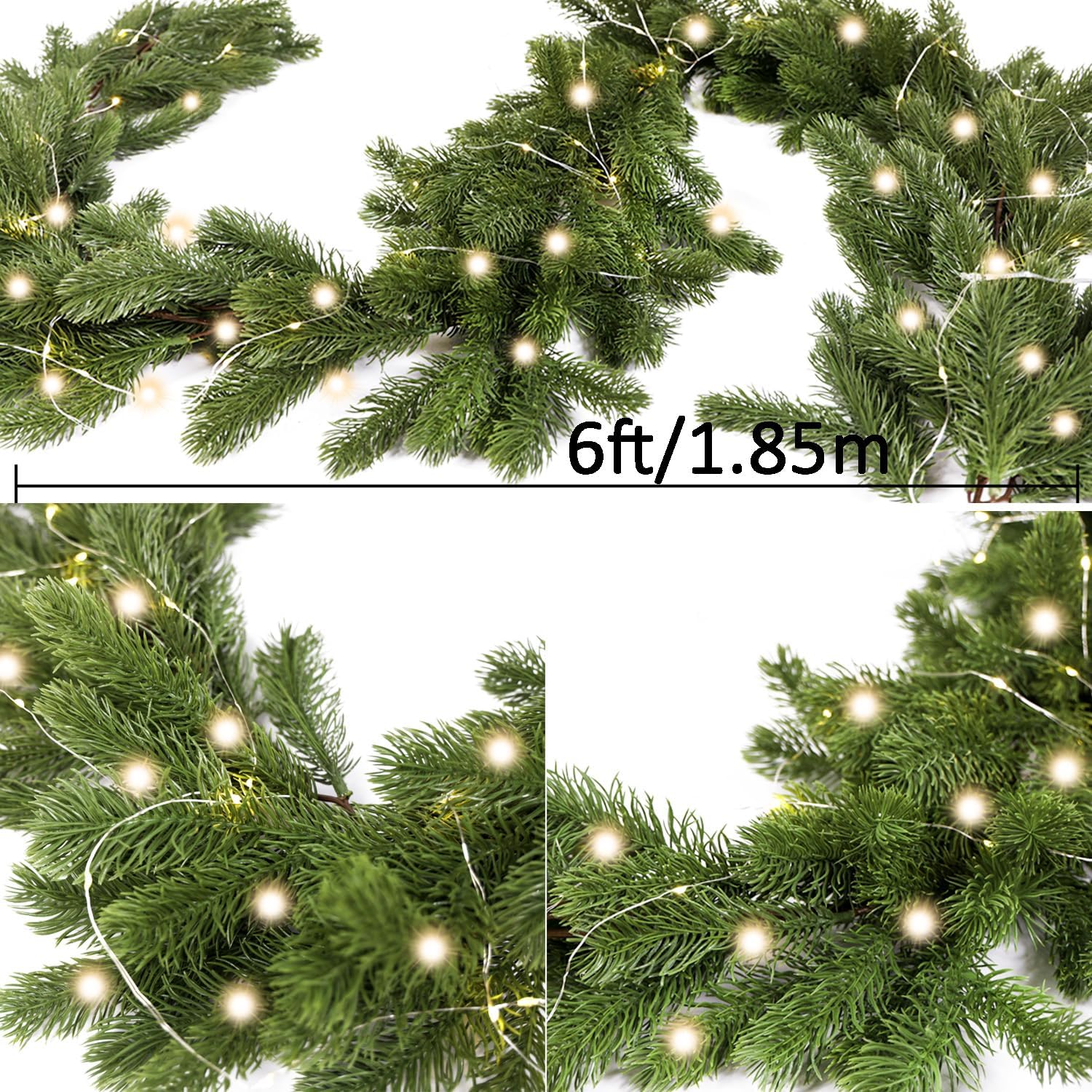 6FT Christmas Garland PARTY JOY Pine Garland with 9.8FT LED String Lights, Greenery Plant for Christmas Decorations Table Mantle Background Wall Room Outdoor Indoor Winter Decoration Pine Needles 6FT