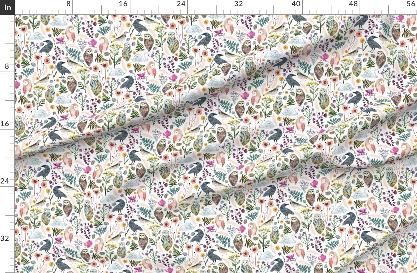 Spoonflower Fabric - Birds and Flowers Boho Woodland Watercolor Floral Owl Crow Raven Printed on Organic Cotton Sateen Fabric by The Yard - Sewing Quilting Apparel Home Decor