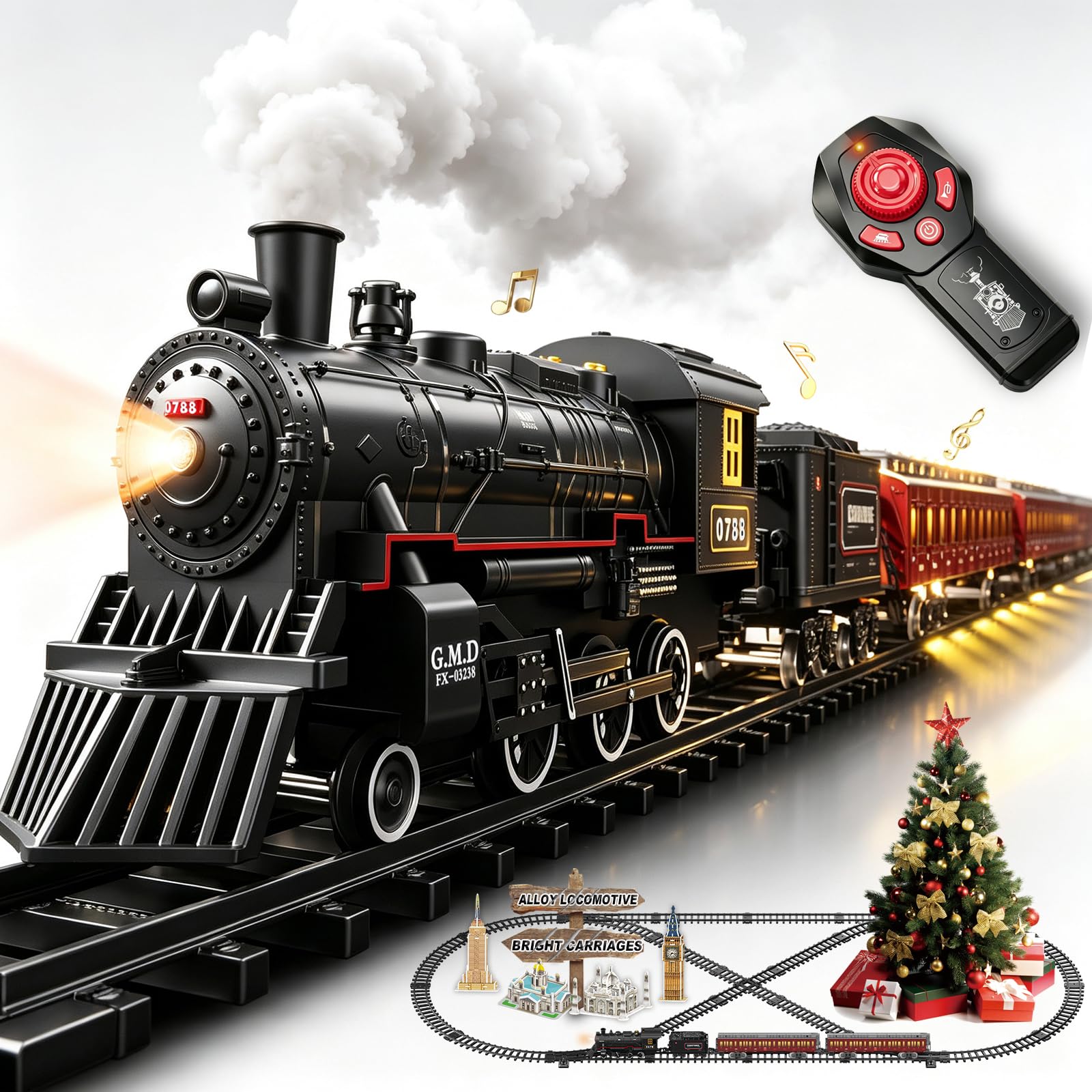 Electric Train Sets Remote Control for Kids Metal Alloy Christmas Train Toys Steam Locomotive Glowing Passenger Carriages Luxury Tracks Light &amp; Sounds Rechargeable Birthday Gifts for Boys Girls Red