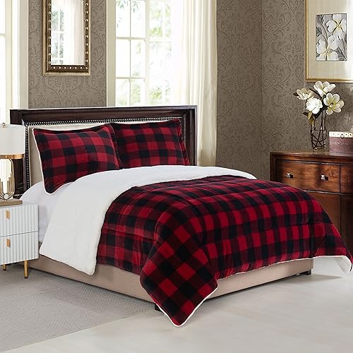 Elegant Comfort Softest, Coziest Premium Quality Heavy Weight Micromink Sherpa-Backing Reversible Down Alternative Micro-Suede 3-Piece Comforter Set, Queen, Buffalo Plaid, Burgundy/Black