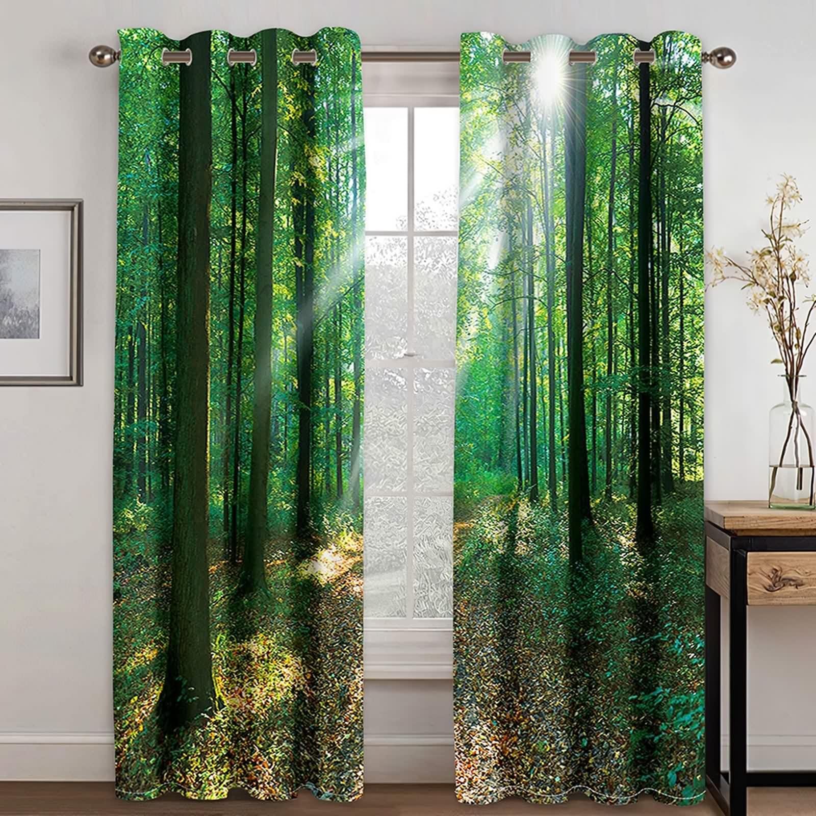 Rideau Vert Anniversaire, Rideau Occultant Polyester Paysage Naturel D'Arbres 152L x 183H CM Lot de 2