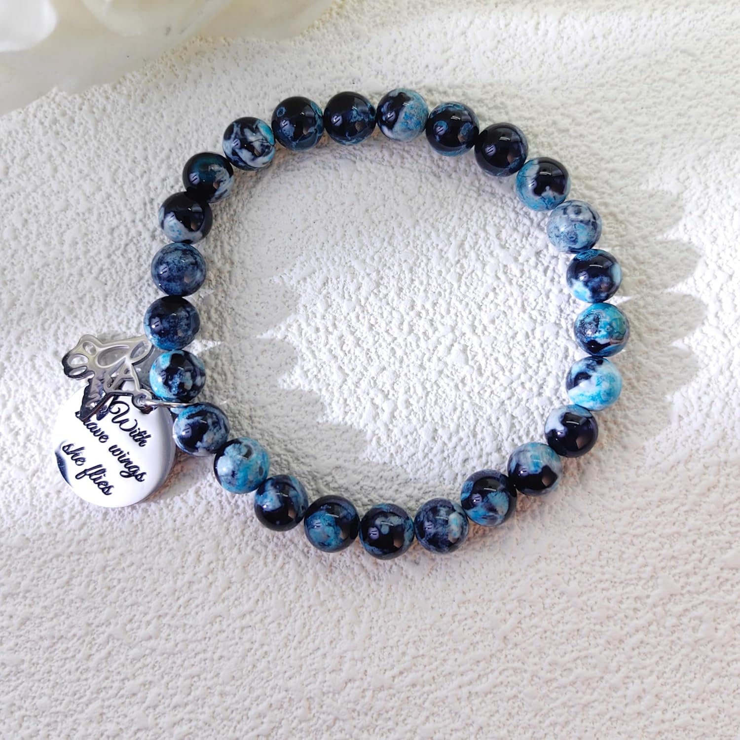 Hummingbird Bracelet Hummingbird Gift for Women Blue Black Natural Fire Agate Beaded Stainless Steel Hummingbird Charm With Brave Wings She Flies Inspirational Gift for women - Image 5