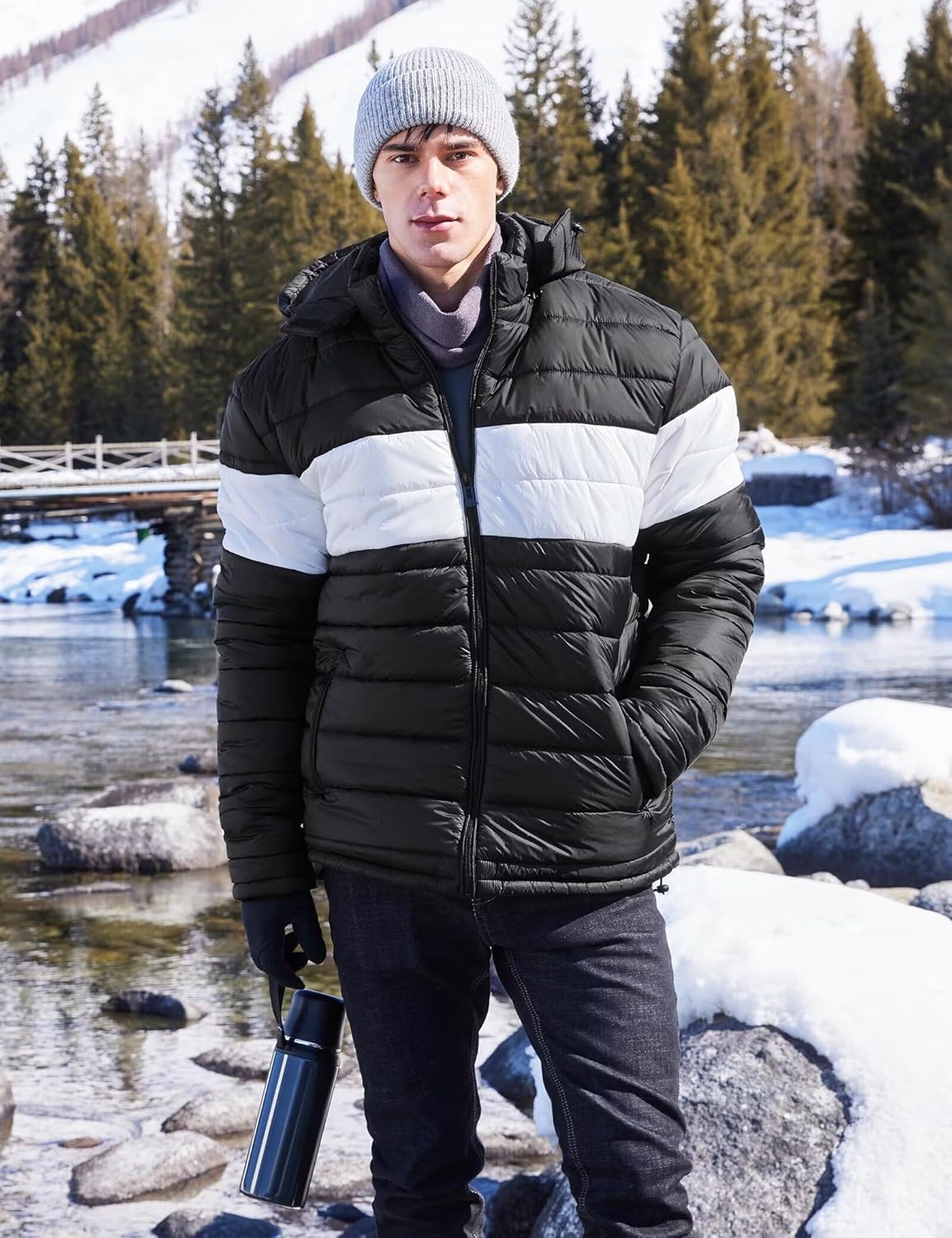 BEST SOUTH Men's Winter Puffer Jacket Hooded Puffy Fleece Warm Lightweight Coat Outerwear Cold Weather - Image 2