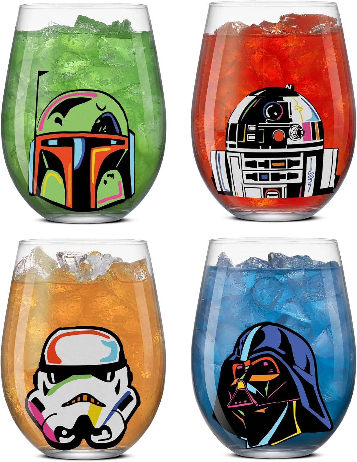 JoyJolt Star Wars Cosmic Color Stemless Drinking Glasses, 19oz Glass Cups ft Darth Vader, Stormtrooper, Boba Fett, R2-D2 - Star Wars Kitchen Glasses Set of 4, Gifts for Men, Women & Adults
