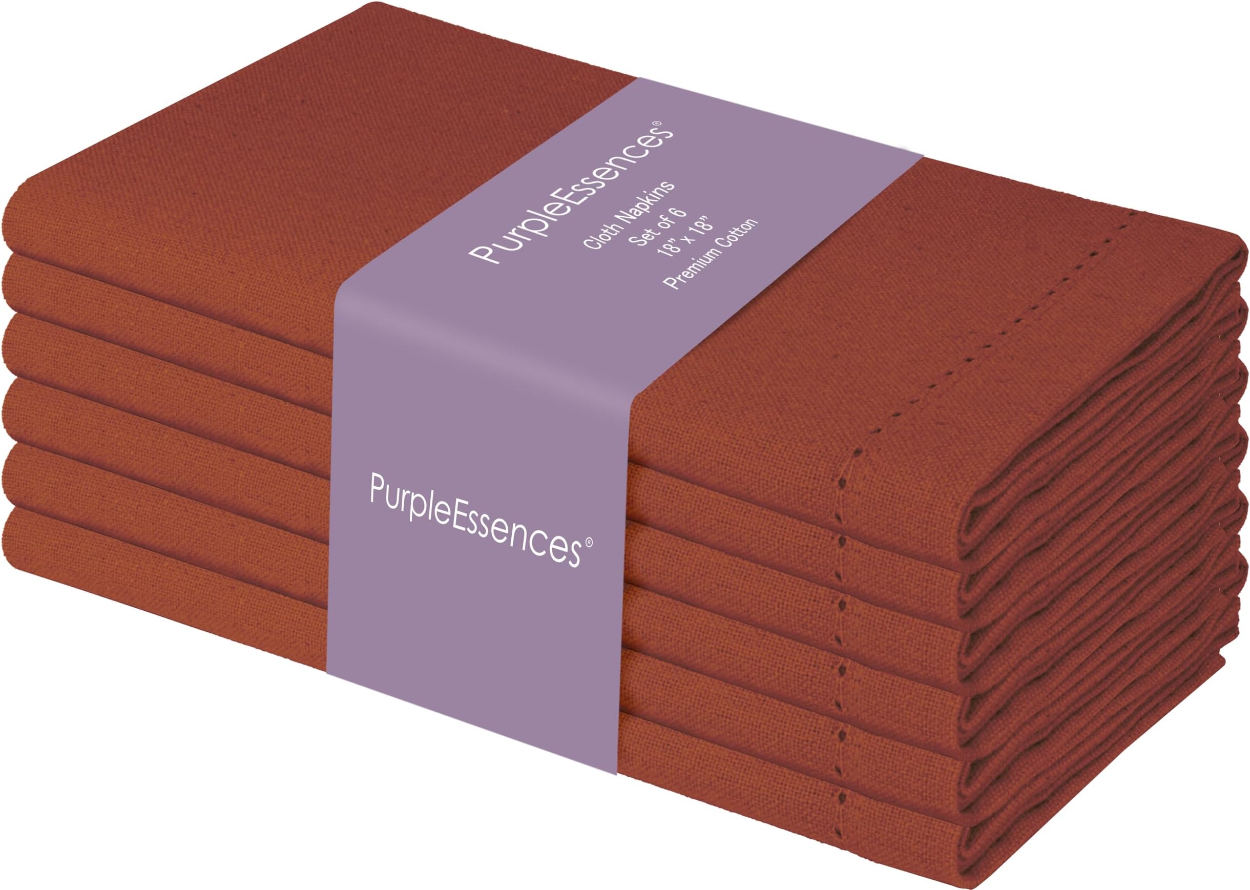PurpleEssences Set of 6 Hemstitch Cloth Dinner Napkins 100% Cotton - Soft Durable Washable -Ideal for Events Wedding Spring and Summer - Perfect Everyday Use Table Linen 18x18 - Rust, KTPEHN401-29
