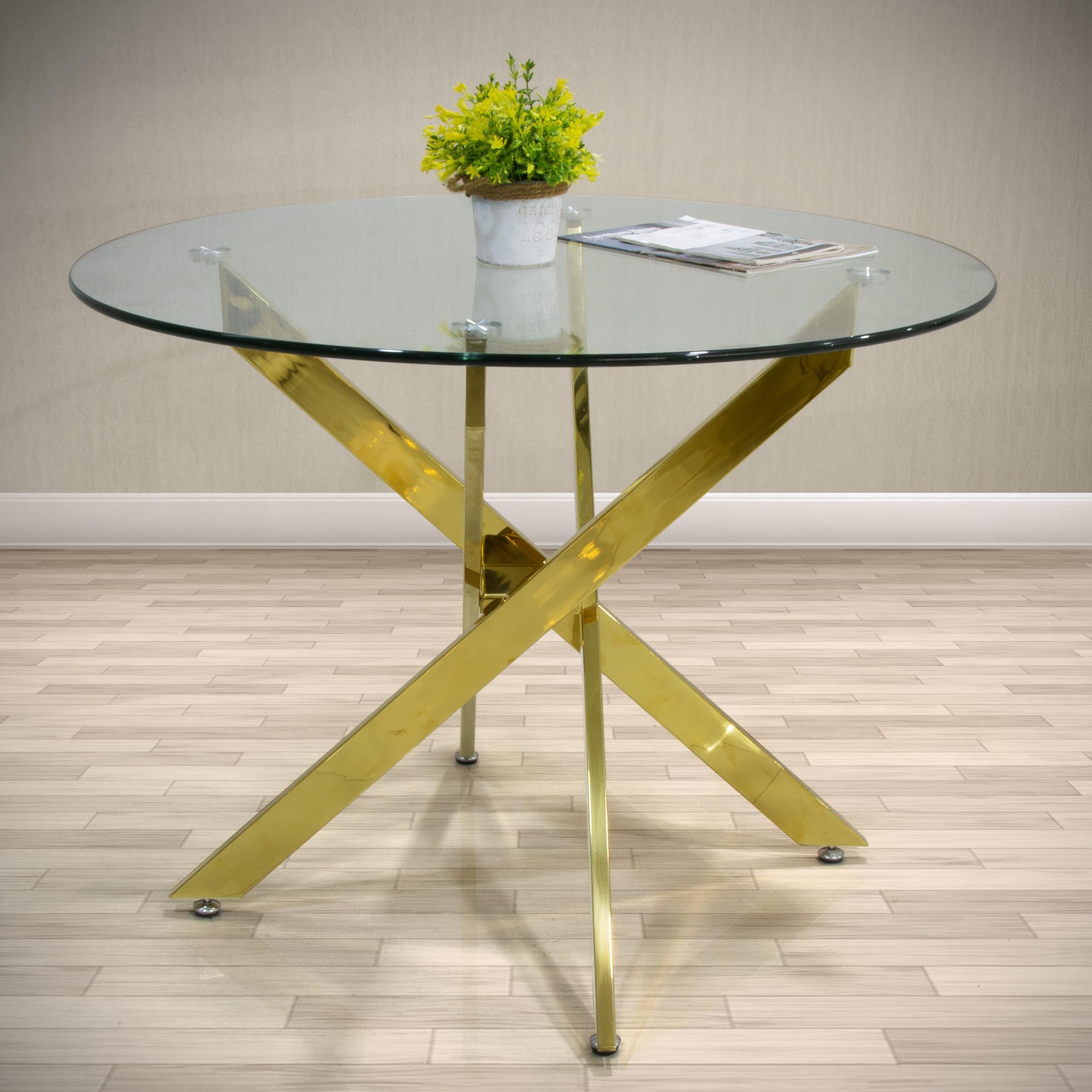 VANITY LIVING Dining Room Dinner Table, Clear Tempered Glass Top, Breakfast Kitchen Table, Modern Davos Gold Sturdy Stainless Steel Frame Round