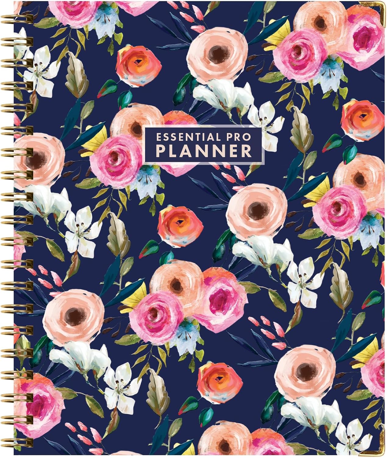 ESSENTIAL PRO Undated Daily, Weekly & Monthly Planner,Monthly Tabs,Daily Tracking,Notes Pages,Storage Pocket,Bookmark w Sticky Notes (Small Navy Floral)