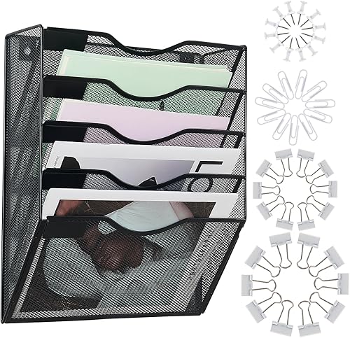 Miniatura 1 de Organizador de archivos de pared de malla con 5 bolsillos con suministros de oficina, soporte de malla para archivos de pared con clips de papel y