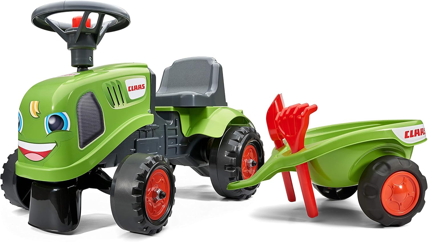 Tracteur Falk Claas avec remorque arborant des autocollants souriants