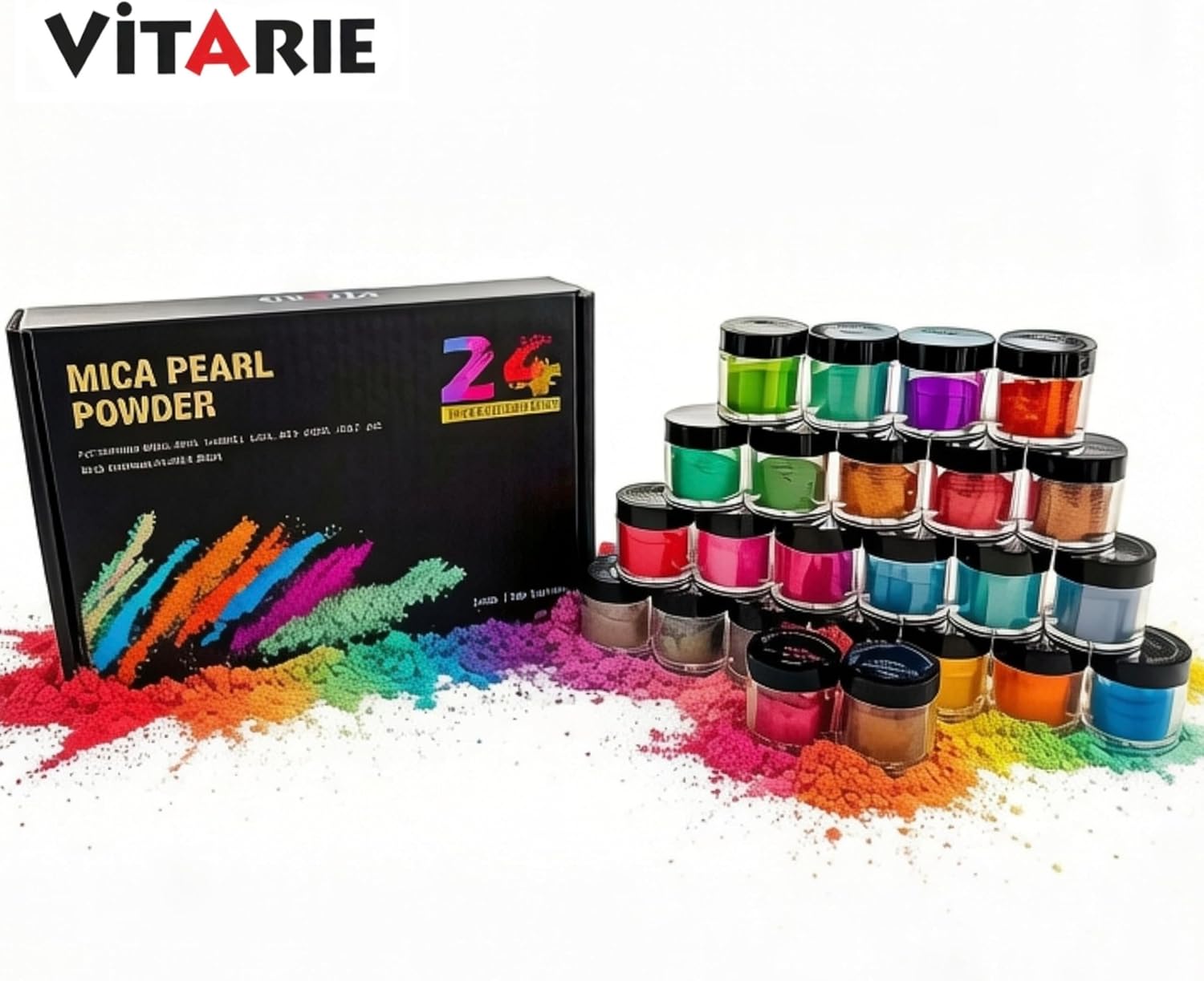 VITARIE Mica Powder for Lip Gloss, Skin, Nails, Soap Making, Bath Bombs, Epoxy Resin, Art Crafts, 24 Colors(0.11oz) Each, Neat Jar Set