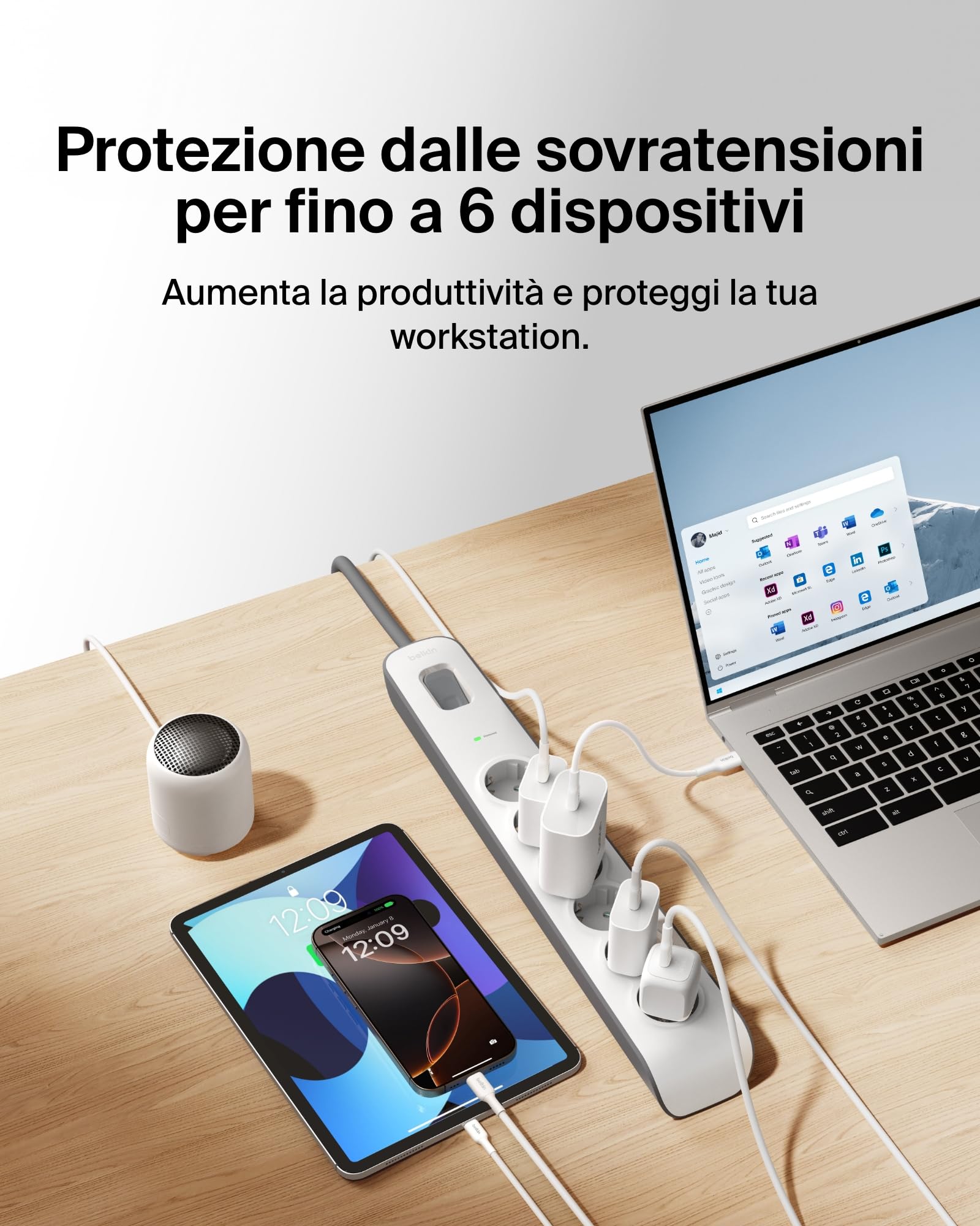 Belkin Ciabatta multipresa con 6 prese, protezione dalle sovratensioni con 6 prese CA protette, 650 joule, cavo di prolunga di 2 metri, presa multipla per casa, ufficio, laptop, computer e altro