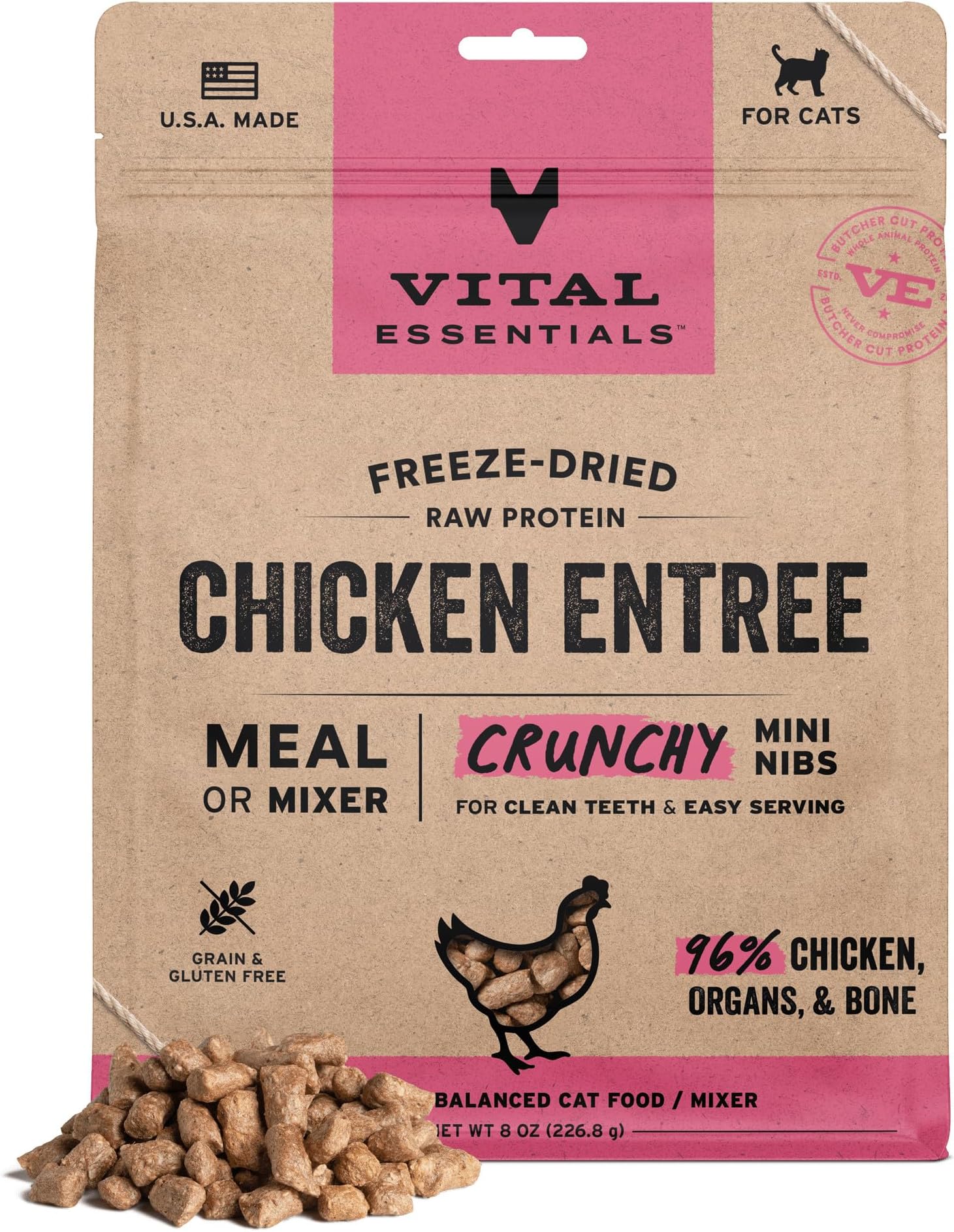 - Vital Essentials Freeze Dried Cat Food, Raw Chicken Crunchy Mini Nibs | Complete Meal or Topper | 96% Chicken, Organs & Bone | Limited Ingredient, High Protein, Grain Free Dry Cat Food | 8 oz Bag