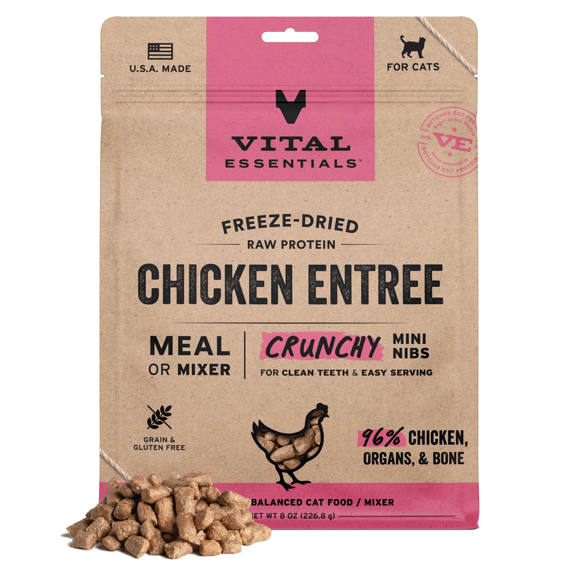 Vital Essentials Freeze Dried Cat Food, Raw Chicken Crunchy Mini Nibs | Complete Meal or Topper | 96% Chicken, Organs & Bone | Limited Ingredient, High Protein, Grain Free Dry Cat Food | 8 oz Bag