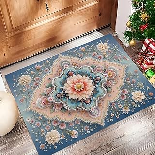 Geometrisches Mandala-Muster Fußmatte Innen 45 x 75 cm,Persischer Stil Fußmatte Waschbar, Kleine Teppiche Orientalisch rutschfest für Haustür,Flur,Küche, Türkis