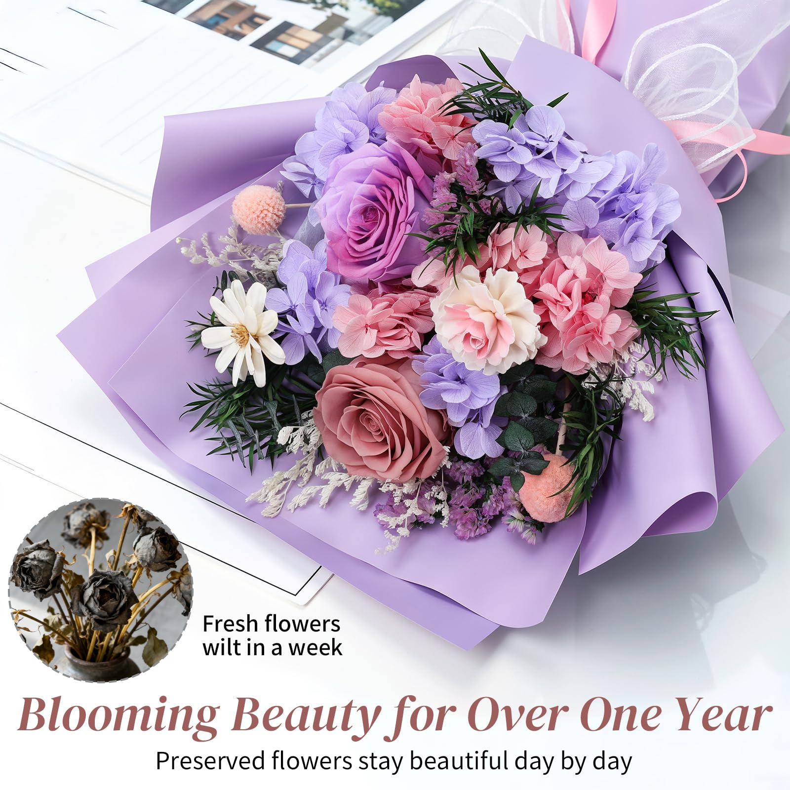 Lewondr Ramo de Flores Conservadas con Jarrón – 2 Rosas y Flores Reales, Ramo Rosas Eternas de Larga Duración, Regalo Eterno para Madre, Esposa, San Valentín Aniversario o Cumpleaños, Morado