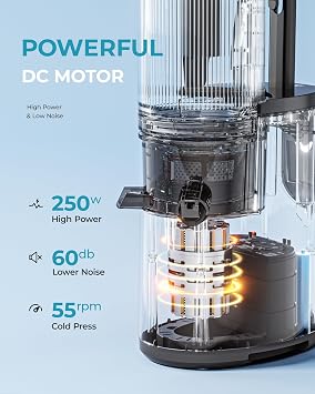 EUHOMY Cold Press Juicer, Silver | 5.5 Extra Large Feed Chute, Slow Masticating, 250W, 99.6% High Juice Yield, Reverse Function
