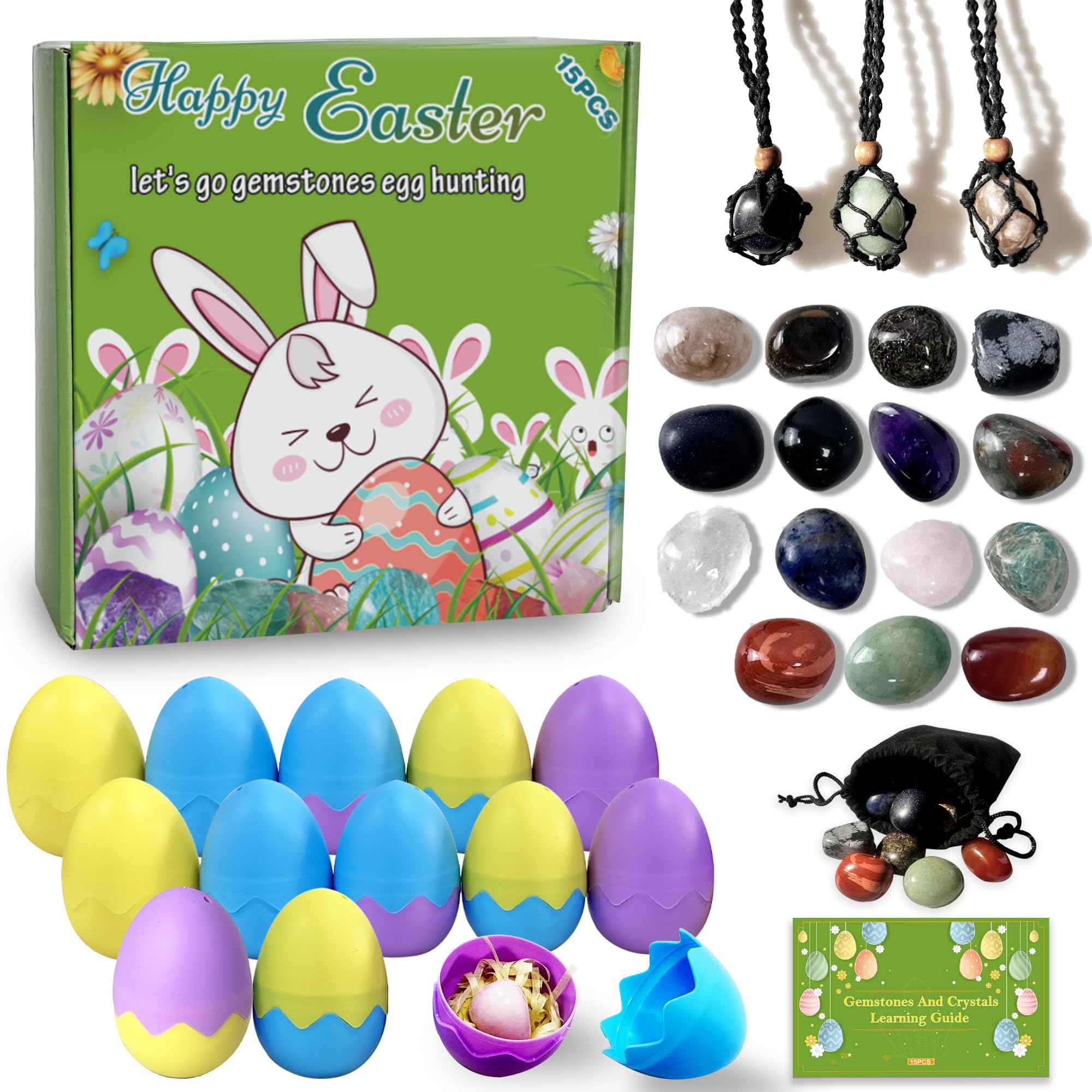 Easter Basket Stuffers, 15PCS Study Easter Eggs with Gemstones Not Prefilled, Natural Crystal&Rock Eggs Stuffers Collection Kit, Easter Party Favors for Egg Hunt