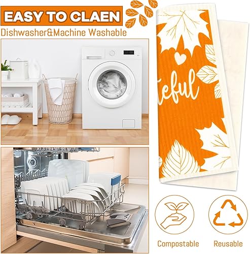 Miniatura 4 de Juego de 6 paños de cocina de calabazas de otoño para Acción de Gracias, paños de cocina suecos, hojas de arce, calabazas, toallas de cocina de