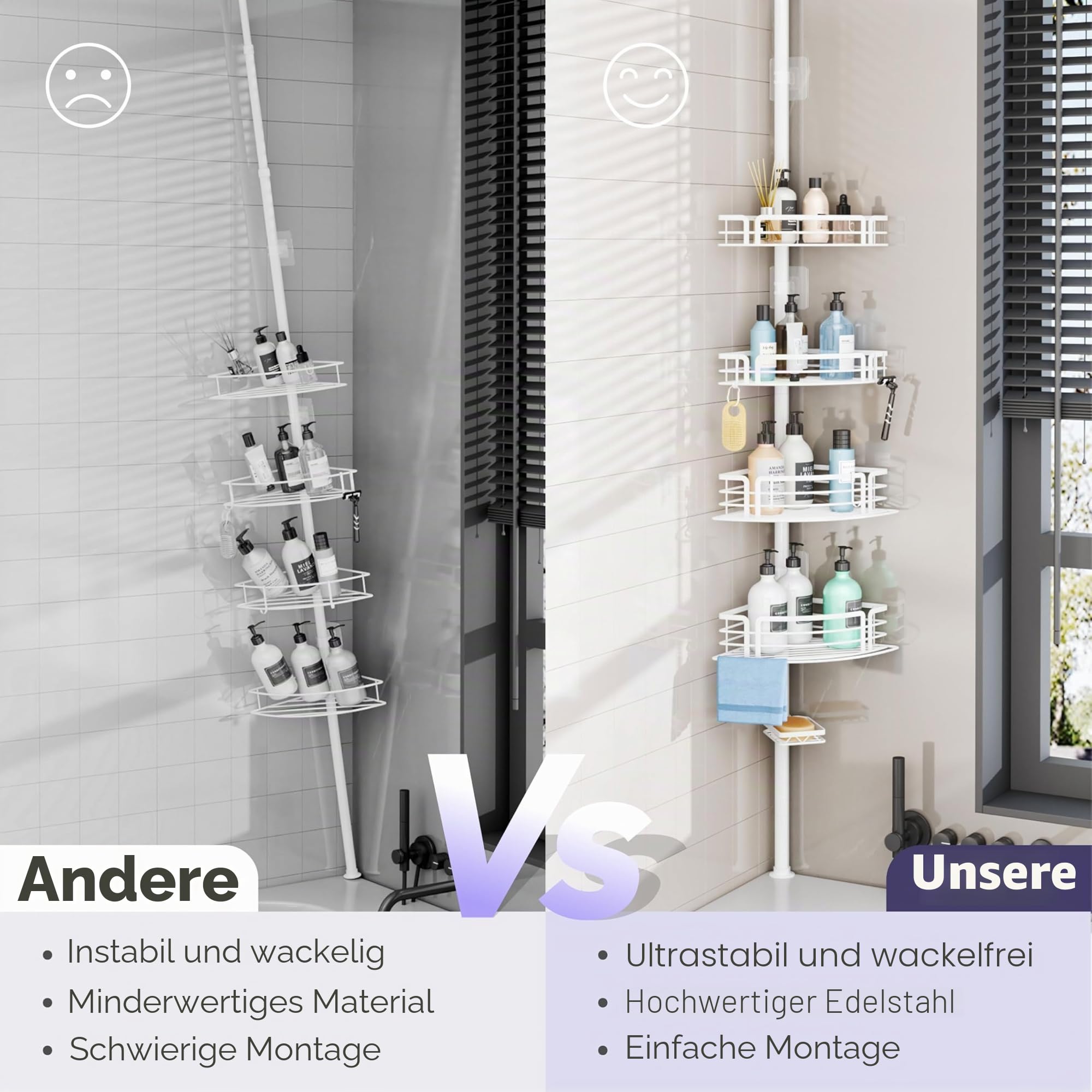 SWTYMIKI Duschablage ohne Bohren Ecke - Teleskop Duschregal Ecke, 70-267cm | Höhenverstellbar Duscheckregal Teleskop, Rostfrei Teleskop Badregal Shampoo Halterung für Dusche mit 4 Körben, Edelstahl