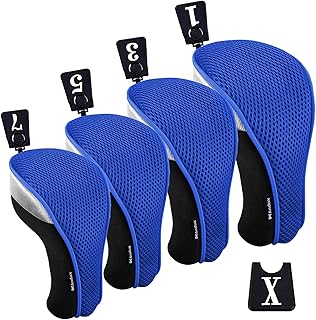 Andux 4pcs/Pack Golf 460cc Driver Fairway Wood Club Head Covers | with Interchangeable No. Tags Nylon-mesh Short Neck Coloured Piping Pull-On Closure