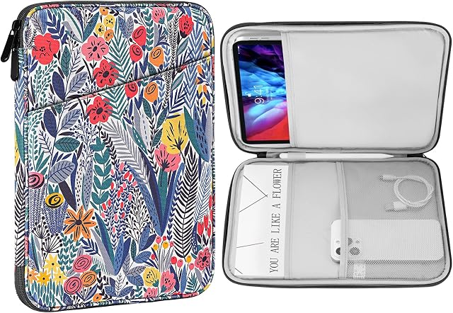 MoKo 9-11 Inch Tablet Sleeve Case, Fits iPad air 5/4 10.9" 2022, iPad Pro 11 M2 2022-2018, iPad 10th 10.9 2022, Galaxy Tab S8/A8/A7 2022, Protective Bag Carrying Case with Pocket, Blue leaf flower