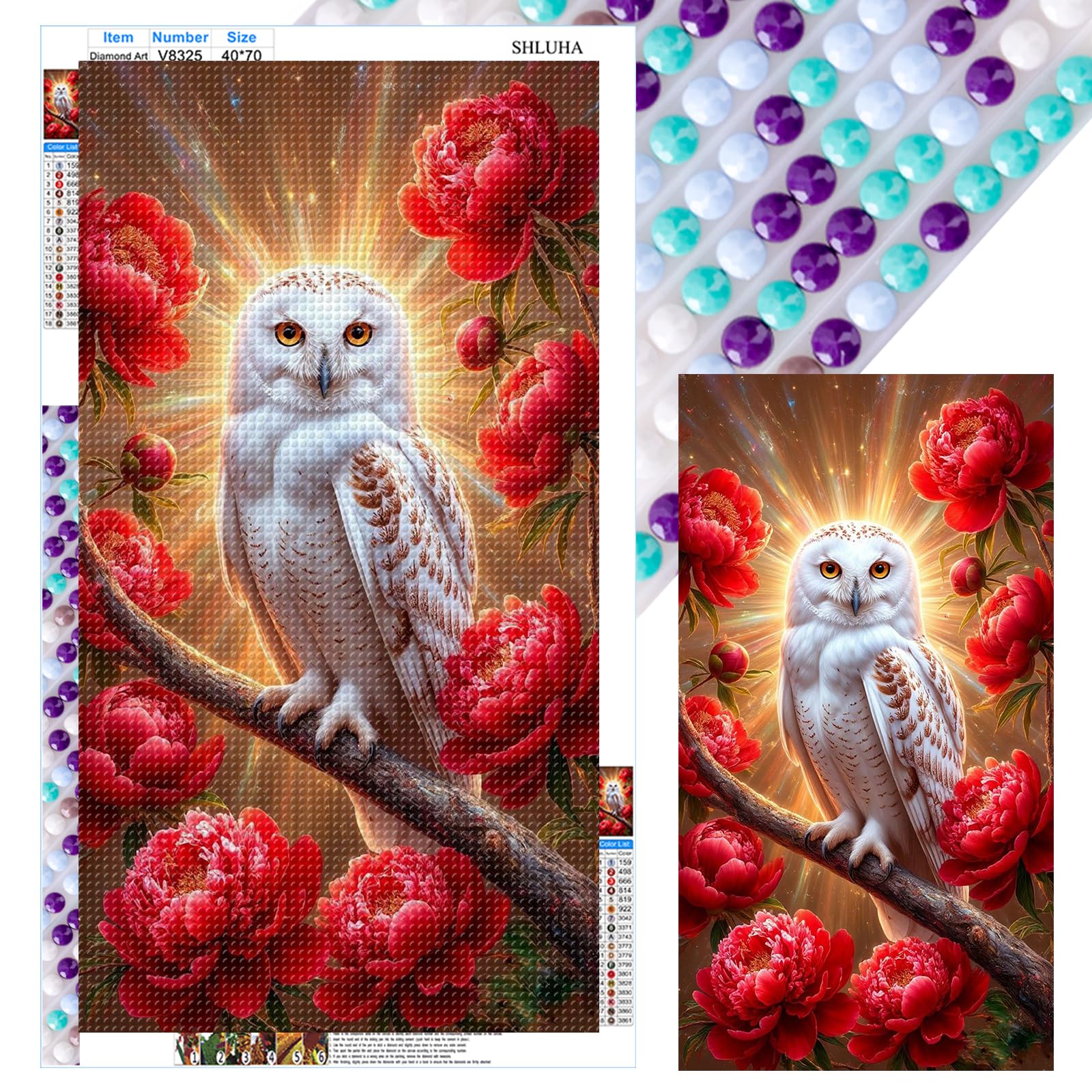 Poetrydraw V8325 Owl And Flower Full Diy 5D Round Drill Gem Art Diamond Art Painting Kits For Adults/Beginners Gift Idea Home Wall Decor Diamond Art Kits 15.75X27.56in (V8325)