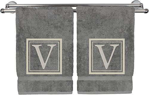 Miniatura 50 de Monogrammed Hand Towel, 16 x 30 Inches Set of 2, Personalized Gift- White Letter Embroidered with Square Design on Black Towel - Extra Absorbent