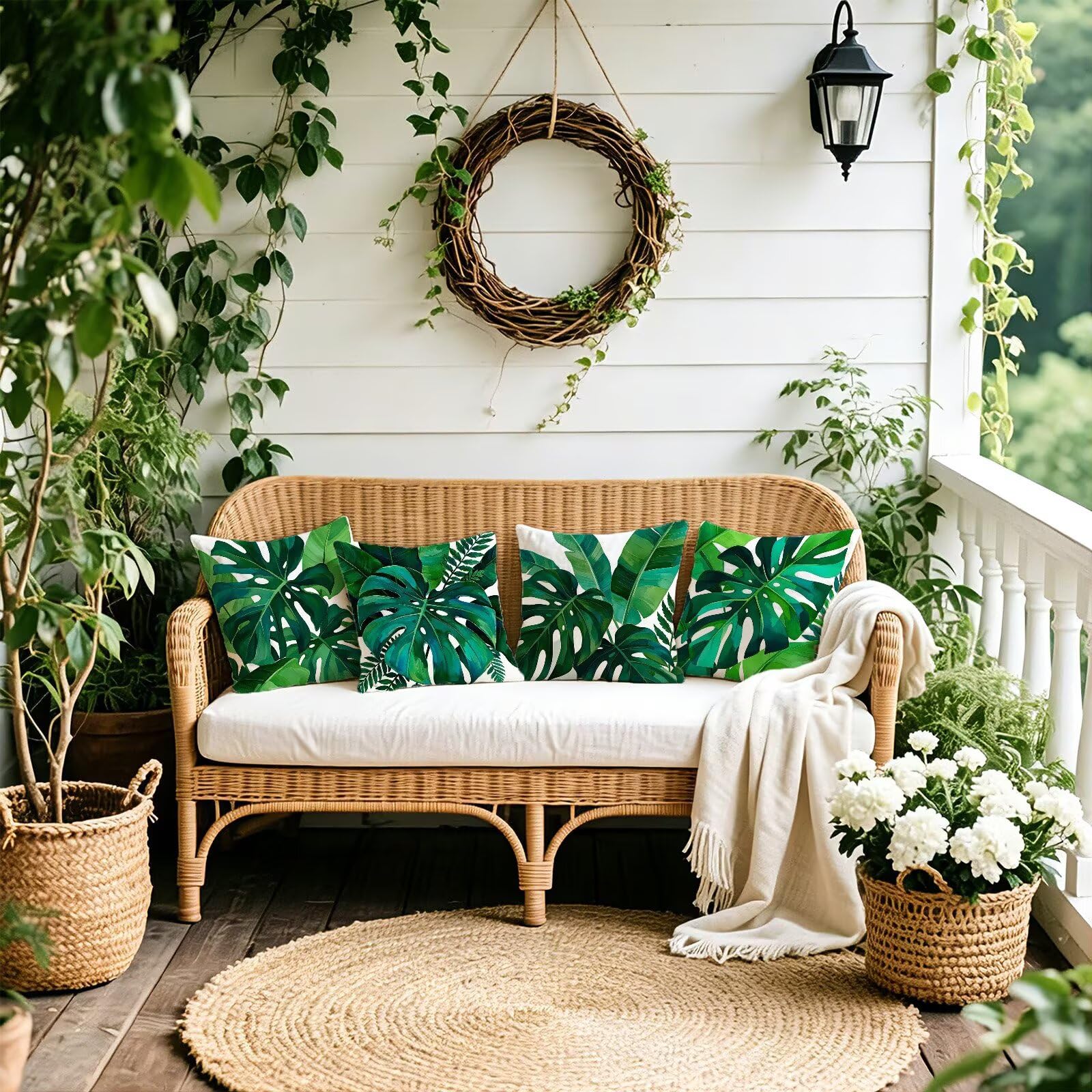 Verde Federe Cuscini Divano 50x50cm, Cuscini da Esterno Set de 4, Cod-130 | Velour Copricuscini Decorativi Letto Arredo, per Letto,Giardino, Esterno, Casa Decorazione Set di 4 Piante Tropicali