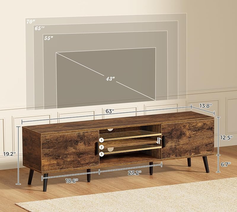 SUPERJARE TV Stand for 55, 65 Inch TV, 63 Inch Entertainment Center with Adjustable Shelf, 2 Cabinets, TV Console Table, Media Console, Solid Wood Feet, 4 Cord Holes, for Living Room, Rustic Brown image 3
