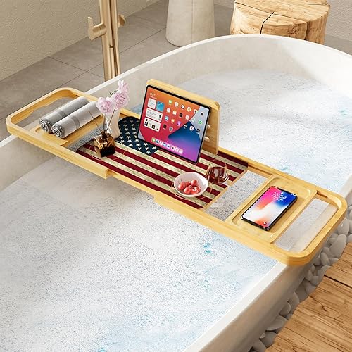 Miniatura 3 de Bandeja de bañera de alta calidad  Bandeja de baño expandible  Mesa de baño ajustable de bambú  Regalos únicos de inauguración de la casa  Bandera