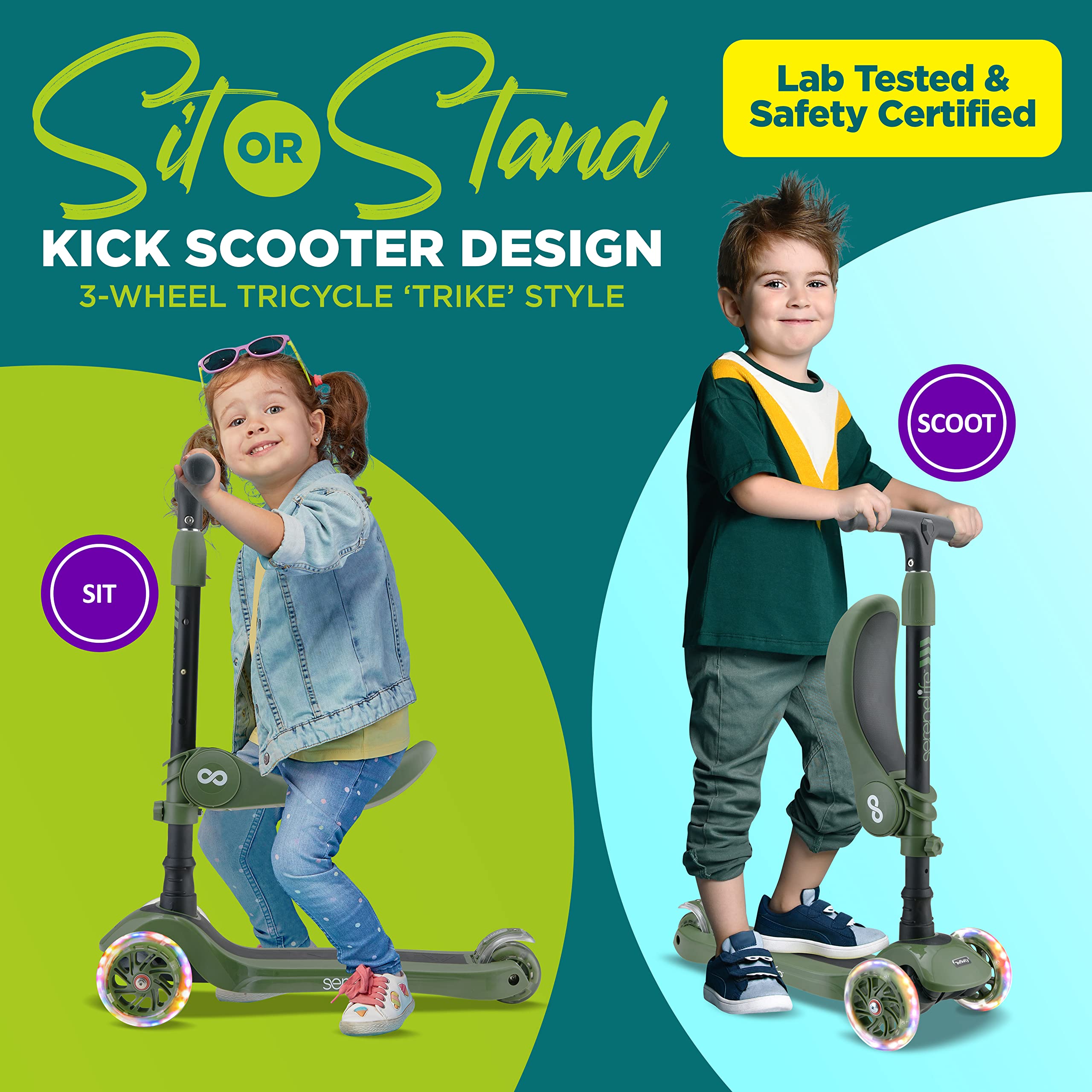 3 Wheeled Scooter for Kids - 2-in-1 Sit/Stand Child Toddlers Toy Kick Scooters w/ Flip-Out Seat, Adjustable Height, Wide Deck, Flashing Wheel Lights, Great for Outdoor Fun - SLKS22 (Green)