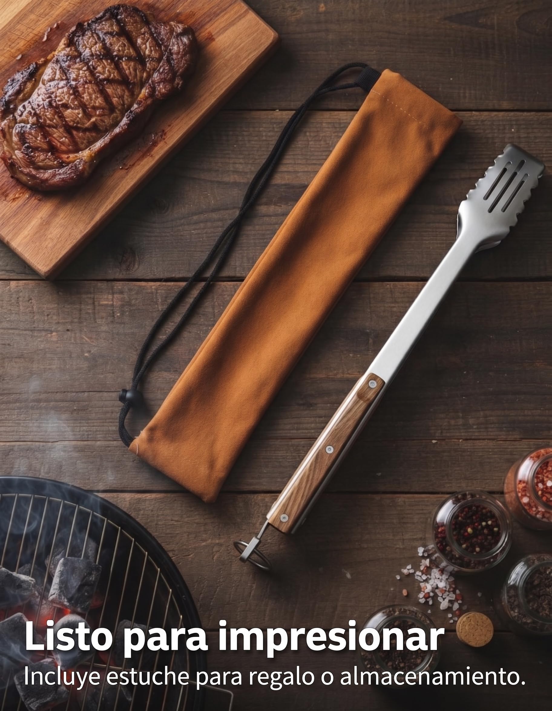 Pinzas Barbacoa 43 cm Acero Inoxidable 304 - Tenazas Parrilla con Mango de Madera de Nogal, Puntas Dentadas Ranuradas, Anillo de Bloqueo y Bolsa de Regalo por Stone & Clark