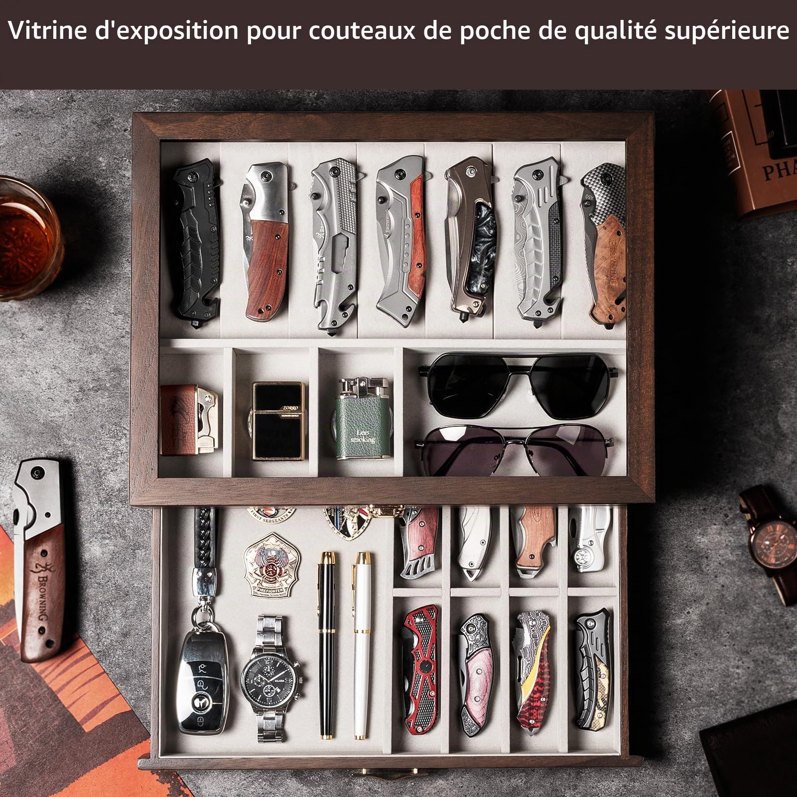 2 Étages Coffret Poignard, Bois Boîte Présentation Poignard pour 17 à 23 Couteaux de Poche, Grande Vitrine à Couteaux avec Vitre Supérieure en Verre Véritable, pour Collection, Cadeau (Noyer)