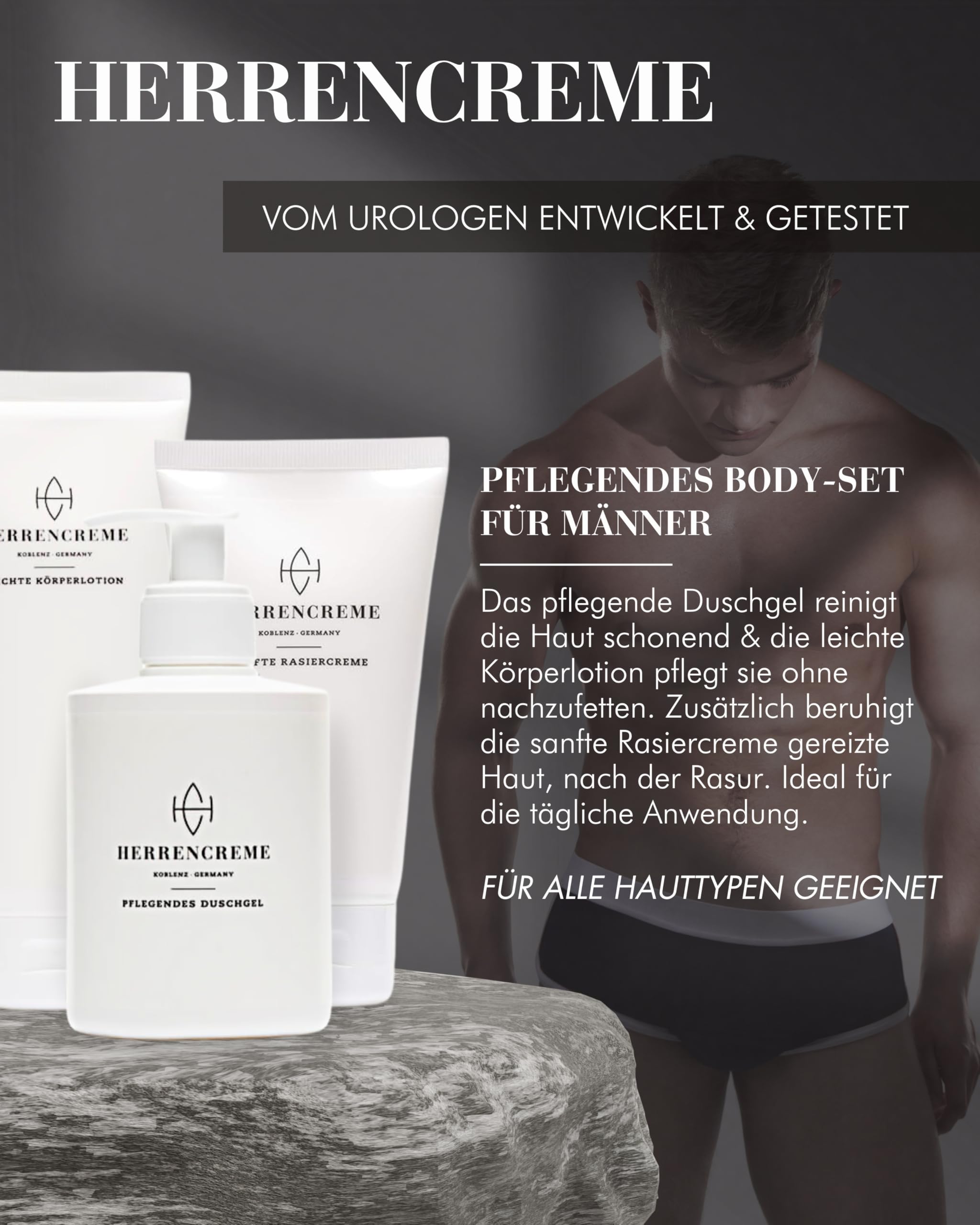 HERRENCREME Körperpflege-Set inkl. Duschgel, Körperlotion & Rasiercreme I Sanftes Waschgel für Gesicht & Körper I Feuchtigkeitsspendende Body-Lotion I Shaving-Cream für Gesicht- & Intimbereich