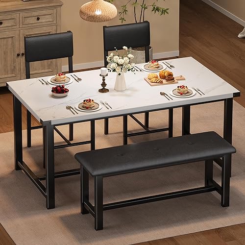 Garvee Wooden Dining Table Set for 4, Kitchen Table and 2 Upholstered Chairs with Bench, Rectangular Dining Room Set, for Small Space, Apartment, Home, Easy Assembly, White Marble