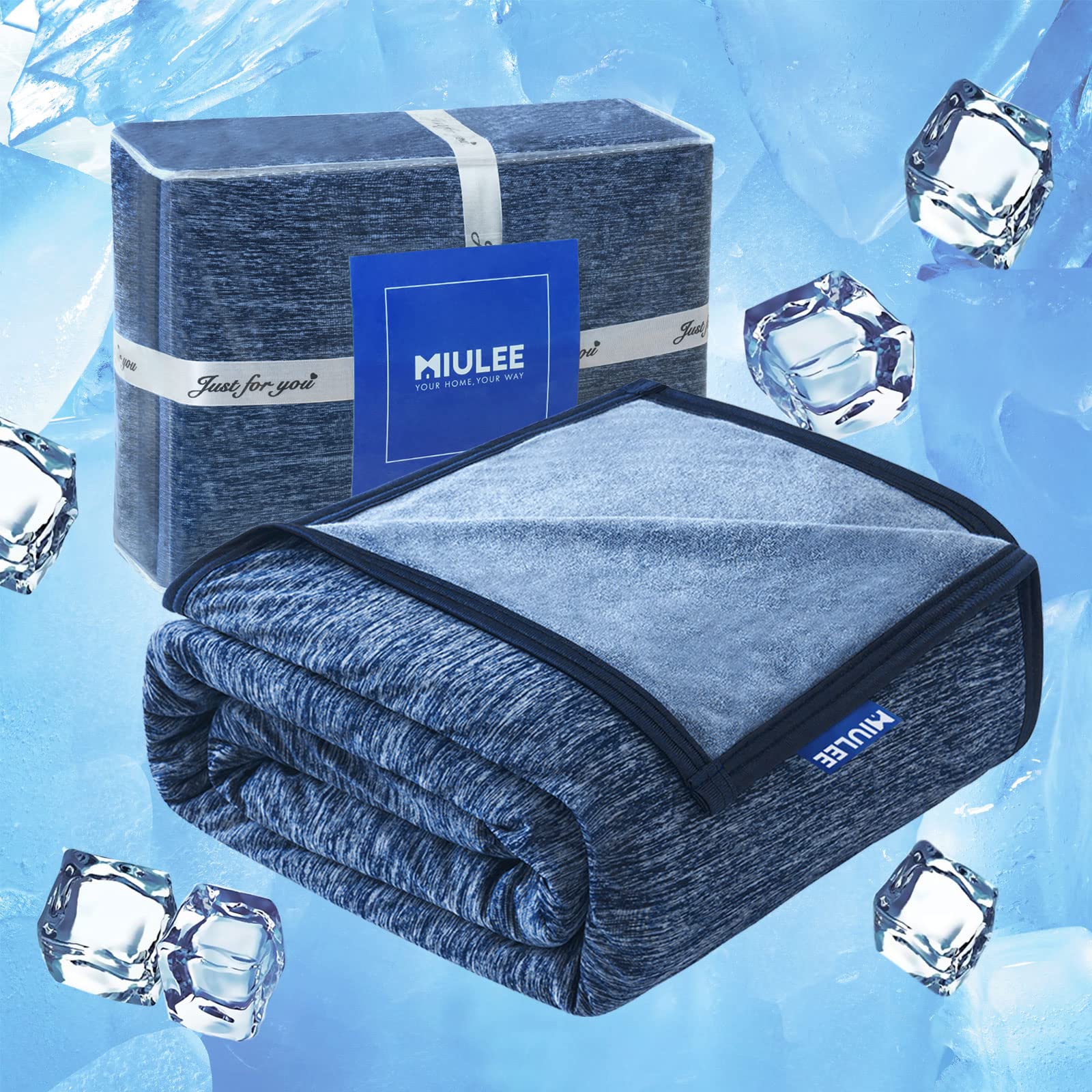 MIULEE Cooling Blanket Double-Sided 2 in 1 Lightweight Summer Blanket Microfibre Japanese Arc-Chill Q-Max 0.4 Absorb Heat for Night Sweats Breathable and Skin-friendly 150x200cm Blue