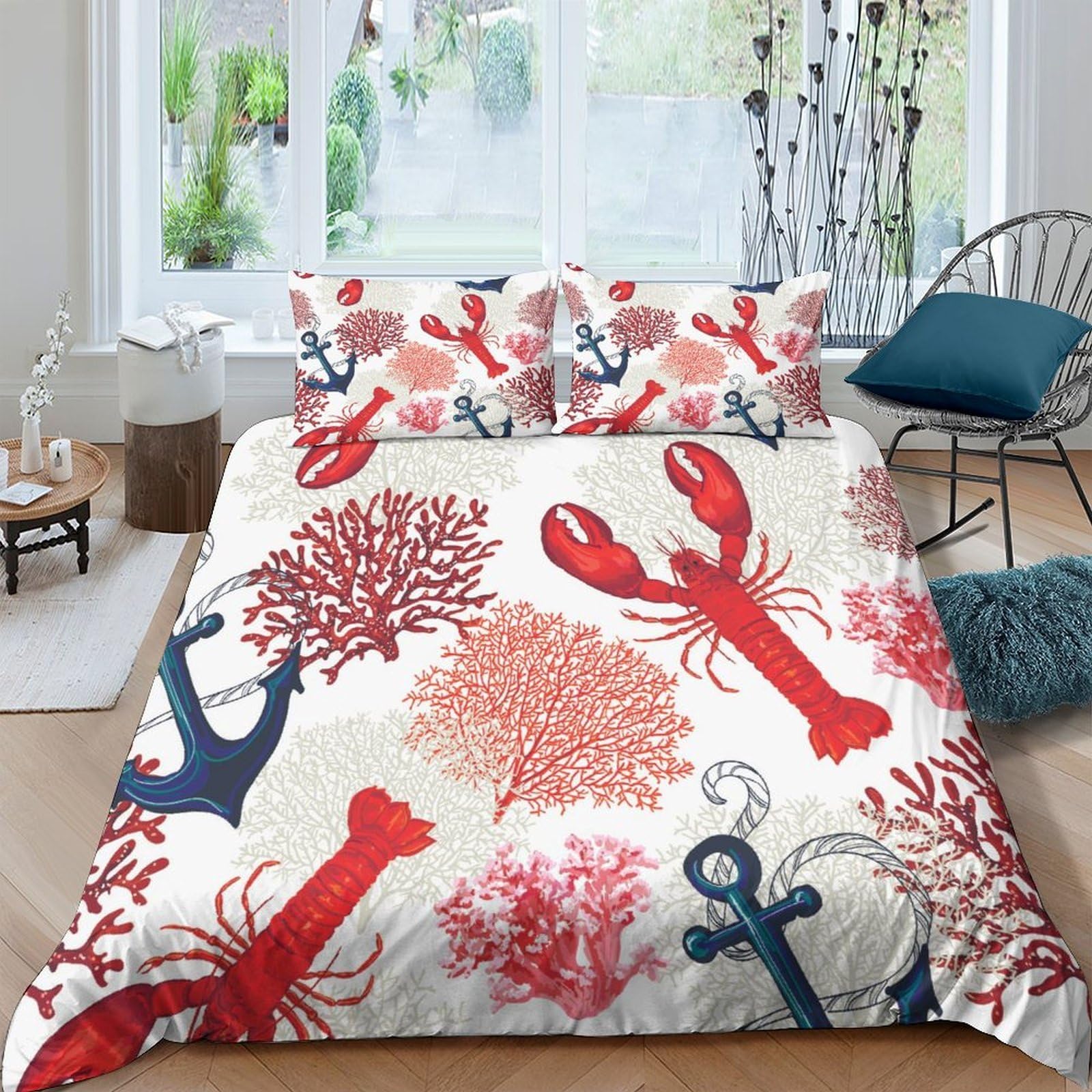Ctjqhvkz Style-2 3D Printed Lobster Coral Fitted Sheet Microfiber Soft Breathable Anchor Bed Cover For Bedroom Guest Room Dorm Decor Single（135X200cm）