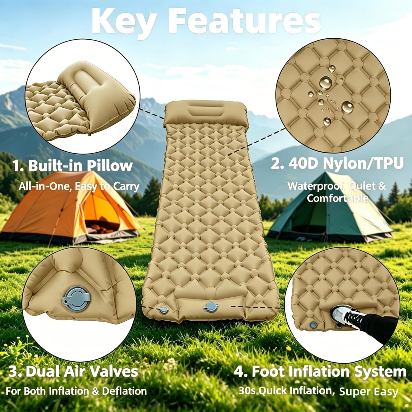 Nadmuchiwany materac, wodoodporny nylon TPU, kompaktowy i lekki, dmuchany z pompką nożną, grubość 5 cm, na kemping, wędrówki, samochód, festiwal, do wewnątrz i na zewnątrz, do biura (khaki)