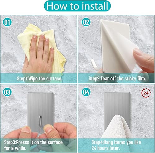Miniatura 5 de Ganchos adhesivos resistentes, ganchos de pared autoadhesivos de acero inoxidable, ganchos adhesivos para toallas para cocina y baño, ganchos