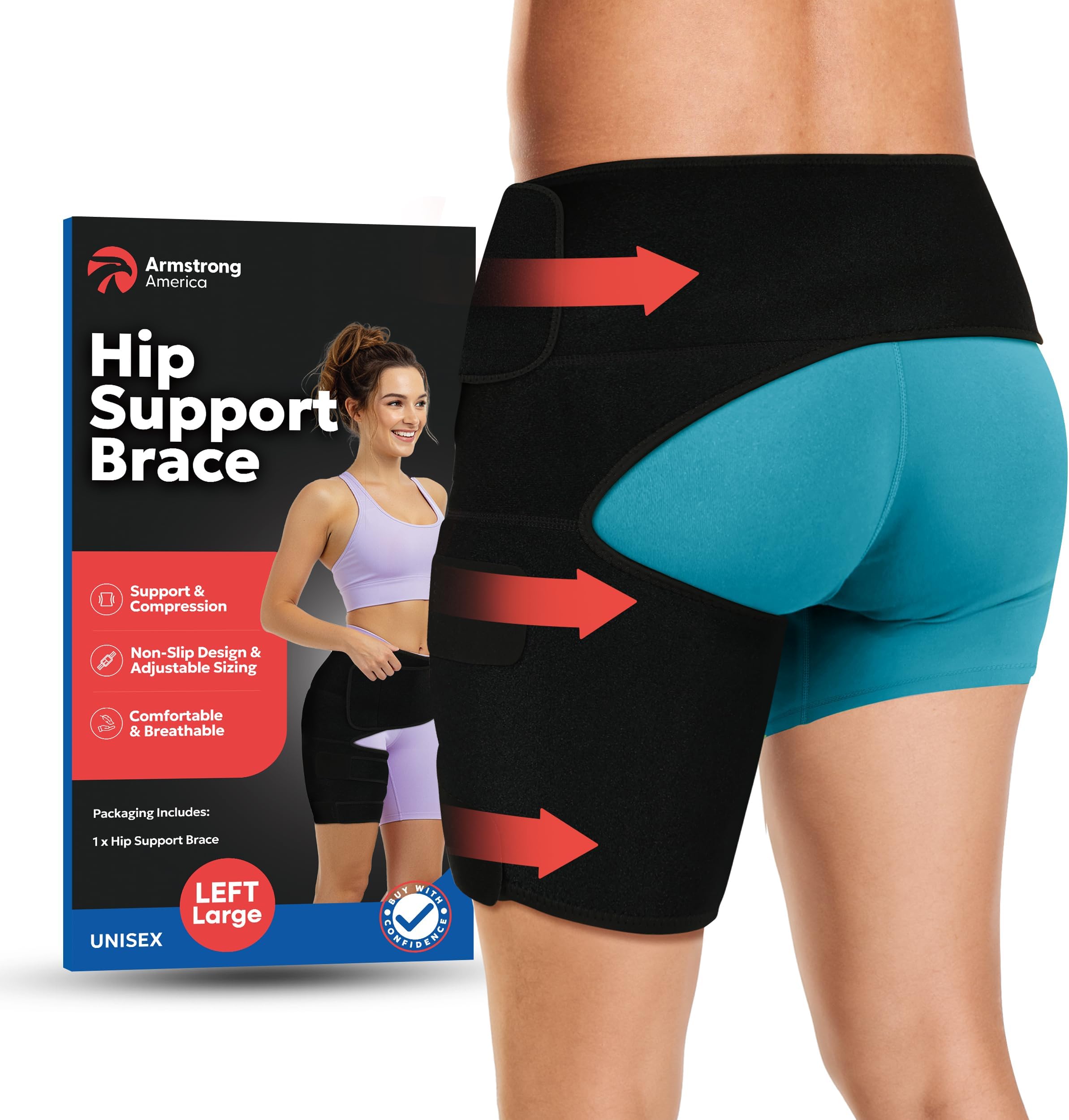 ARMSTRONG AMERIKA Hip Stabilizer and Groin Brace - Most Comfortable Thigh Support. Adjustable Leg Compression Wrap Sleeve. Faster Pain Relief for Hip Replacement Rehab Sciatica Nerve Hernias Hamstring Strain Injury