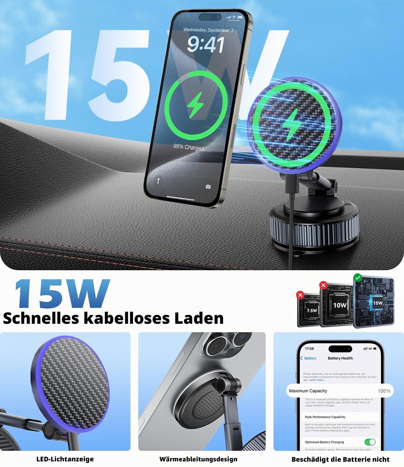 15W für MagSafe Autohalterung mit Ladefunktion, Verbesserter Elastischer Saugnapf & Schnelles Laden, [360° Verstellbar] 17 für iPhone 16 15 14 13 12 Serie, für Armaturenbrett/Windschutzscheibe