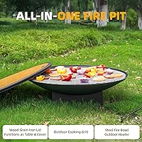 Vista 2 de 32 Inch Fire Pit for Outside, Outdoor Wood Burning Fire Pit Table with Grill & Cover Lid, Large Portable Firepit for Backyard Patio Camping